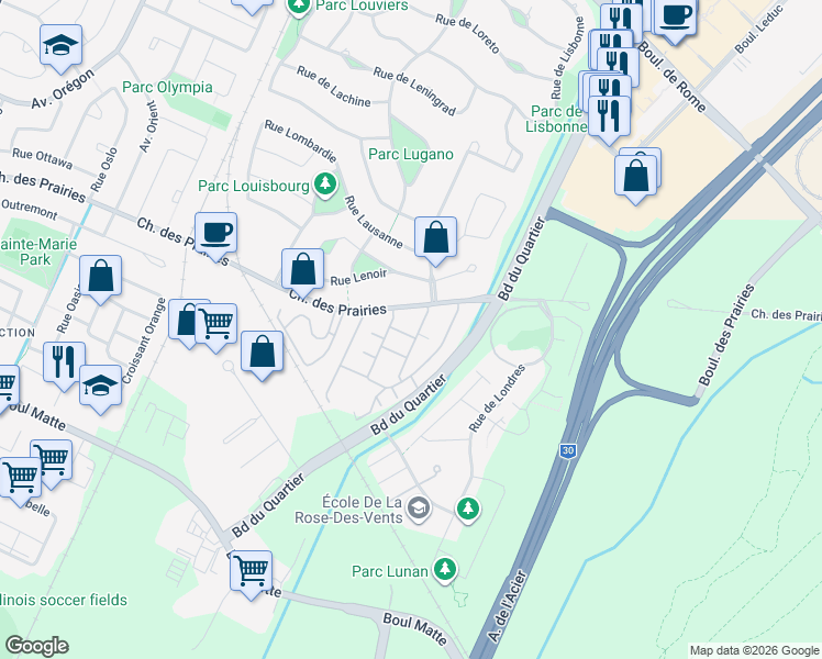 map of restaurants, bars, coffee shops, grocery stores, and more near 9020 Rue le Corbusier in Brossard