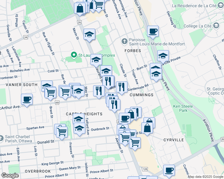 map of restaurants, bars, coffee shops, grocery stores, and more near 856 Rainier Street in Ottawa