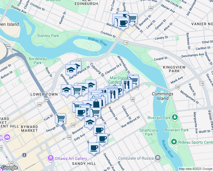 map of restaurants, bars, coffee shops, grocery stores, and more near 20 Heney Street in Ottawa