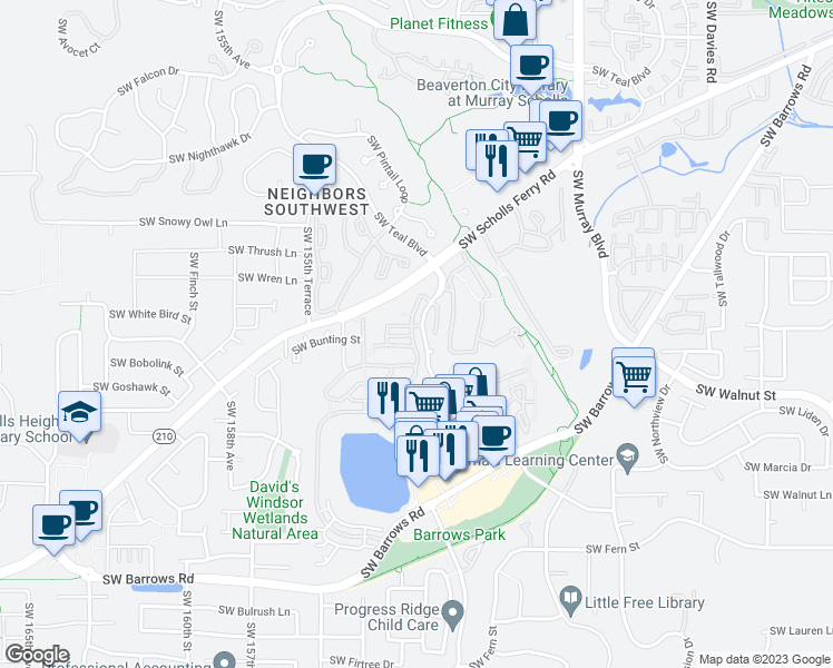 map of restaurants, bars, coffee shops, grocery stores, and more near 11963 Southwest Horizon Boulevard in Beaverton