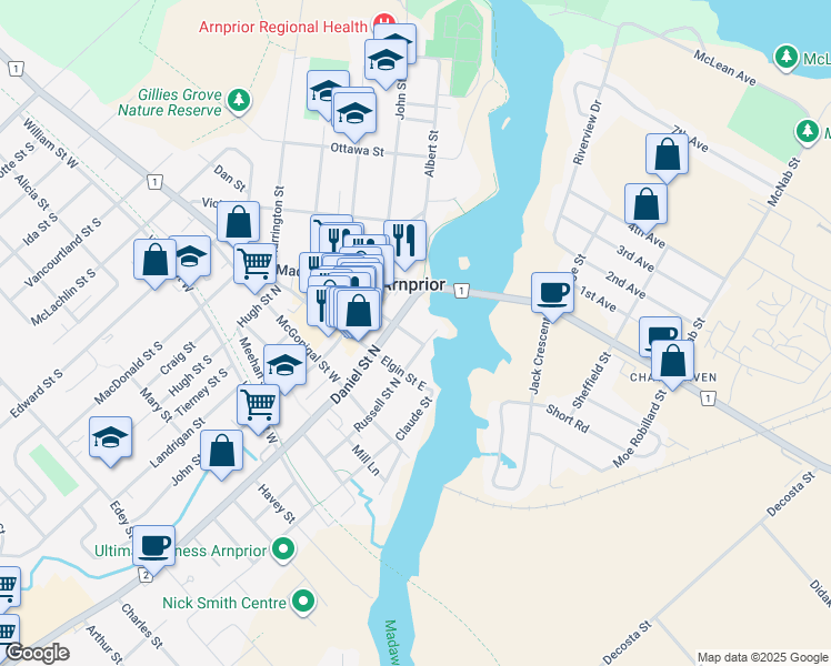 map of restaurants, bars, coffee shops, grocery stores, and more near 18 Rock Lane East in Arnprior
