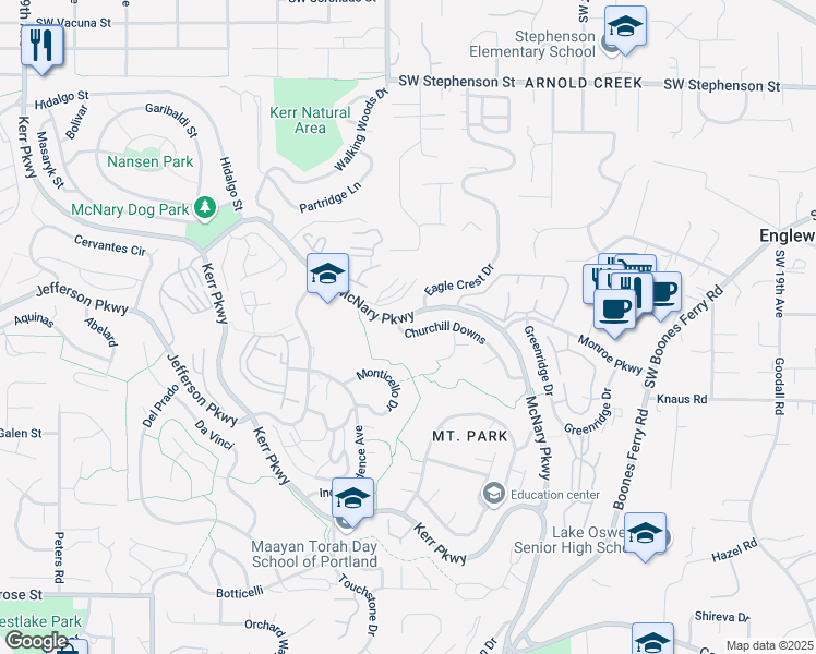 map of restaurants, bars, coffee shops, grocery stores, and more near 41 Churchill Downs in Lake Oswego