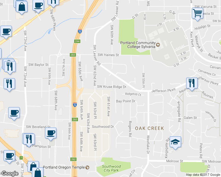map of restaurants, bars, coffee shops, grocery stores, and more near 6012 Southwest Kruse Ridge Drive in Portland