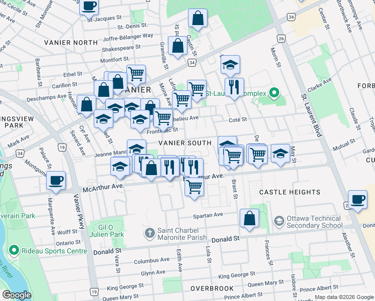 map of restaurants, bars, coffee shops, grocery stores, and more near 371 Lafontaine Avenue in Ottawa