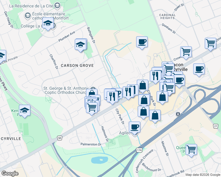 map of restaurants, bars, coffee shops, grocery stores, and more near 1443 Leigh Crescent in Ottawa