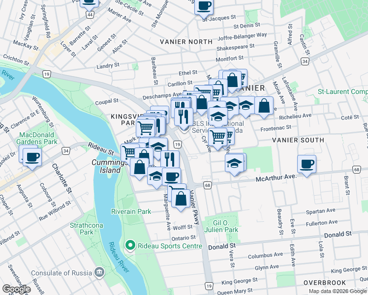 map of restaurants, bars, coffee shops, grocery stores, and more near 1617 Vanier Parkway in Ottawa