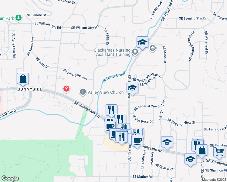 map of restaurants, bars, coffee shops, grocery stores, and more near 11990 Southeast Alexa Rose Lane in Happy Valley