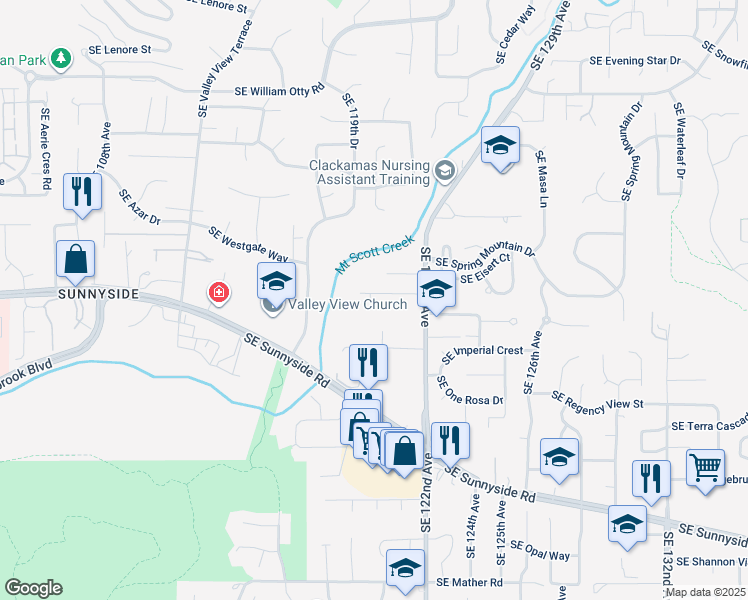 map of restaurants, bars, coffee shops, grocery stores, and more near 11990 Southeast Alexa Rose Lane in Happy Valley