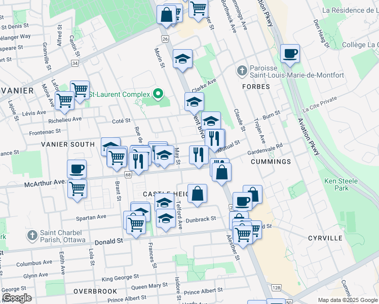 map of restaurants, bars, coffee shops, grocery stores, and more near 539 Mutual Street in Ottawa
