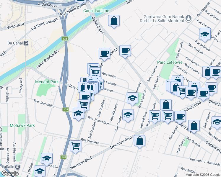 map of restaurants, bars, coffee shops, grocery stores, and more near 143 Rue Gravel in Montréal