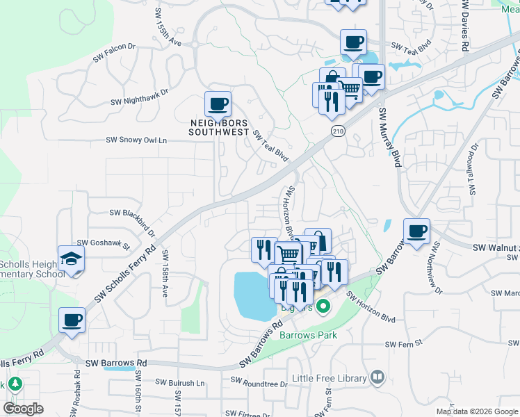 map of restaurants, bars, coffee shops, grocery stores, and more near 15139 Southwest Canyon Wren Way in Beaverton
