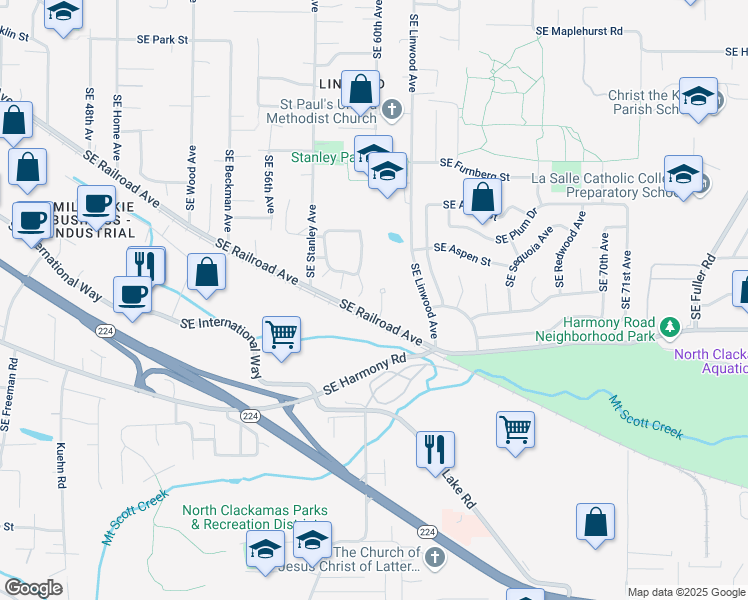 map of restaurants, bars, coffee shops, grocery stores, and more near 12425 Southeast 60th Court in Milwaukie