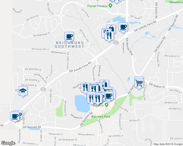 map of restaurants, bars, coffee shops, grocery stores, and more near 11959 SW Horizon Blvd in Beaverton