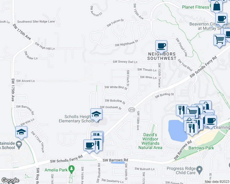 map of restaurants, bars, coffee shops, grocery stores, and more near 16125 Southwest Black Bird Drive in Beaverton
