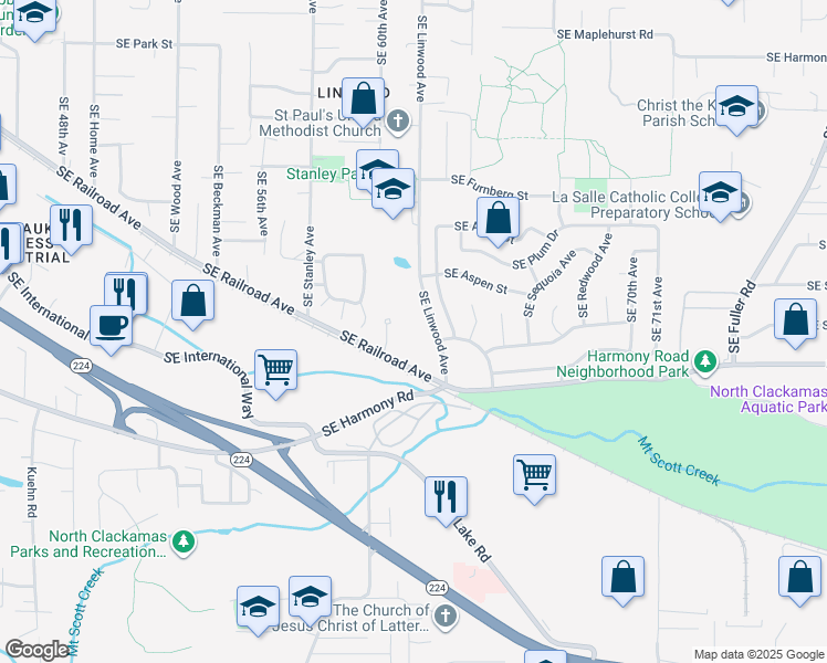 map of restaurants, bars, coffee shops, grocery stores, and more near 12459 Southeast Linwood Avenue in Portland