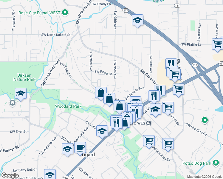 map of restaurants, bars, coffee shops, grocery stores, and more near 11975 Southwest 95th Avenue in Tigard