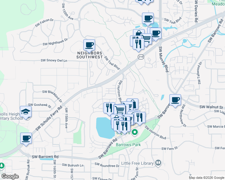 map of restaurants, bars, coffee shops, grocery stores, and more near 15110 Southwest Canyon Wren Way in Beaverton
