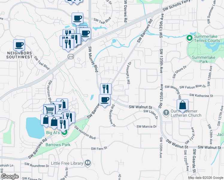 map of restaurants, bars, coffee shops, grocery stores, and more near 14198 Southwest Barrows Road in Portland