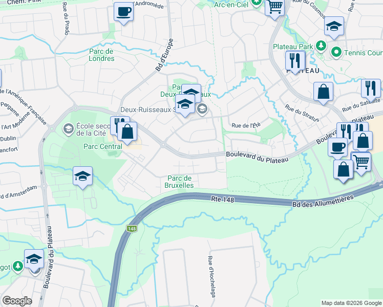 map of restaurants, bars, coffee shops, grocery stores, and more near 342 Boulevard du Plateau in Gatineau