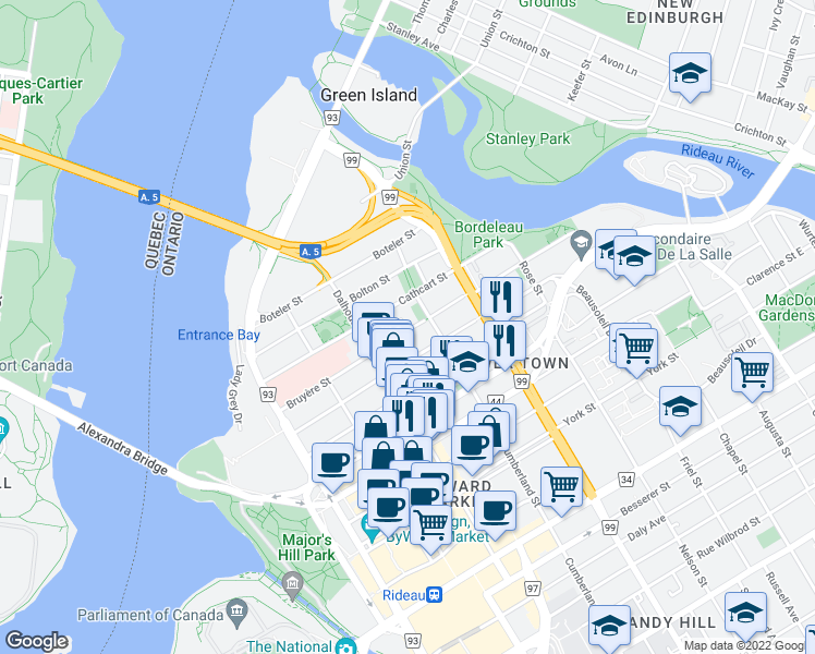 map of restaurants, bars, coffee shops, grocery stores, and more near 171 Bruyère Street in Ottawa