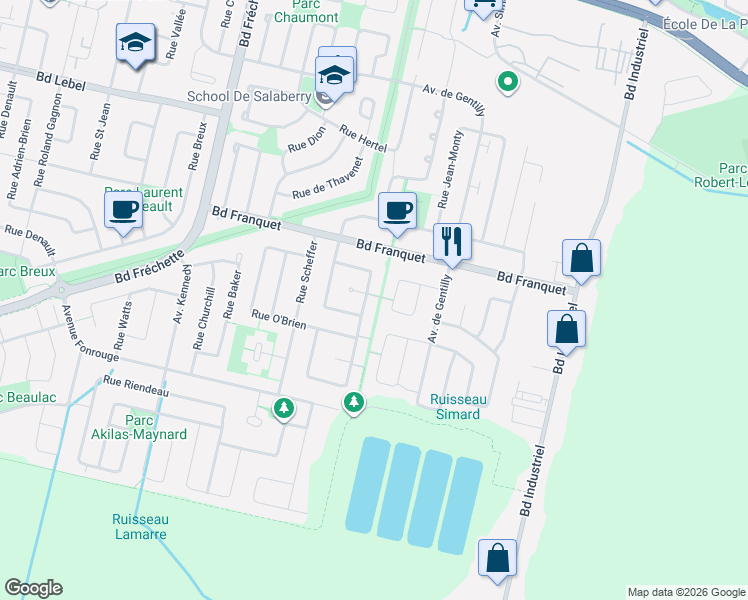 map of restaurants, bars, coffee shops, grocery stores, and more near 1280 Rue Toussaint-Trudeau in Chambly