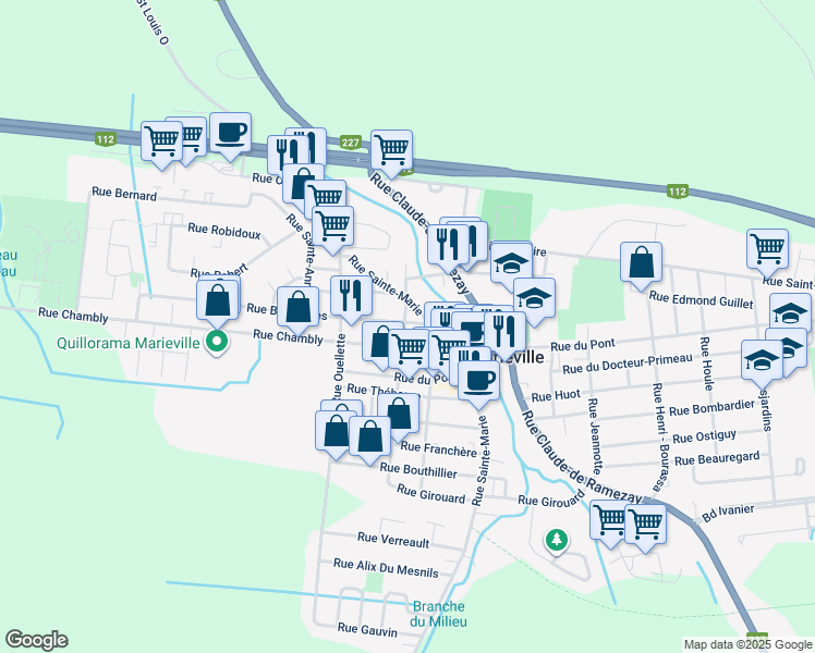 map of restaurants, bars, coffee shops, grocery stores, and more near 1158 Rue Bourdages in Marieville