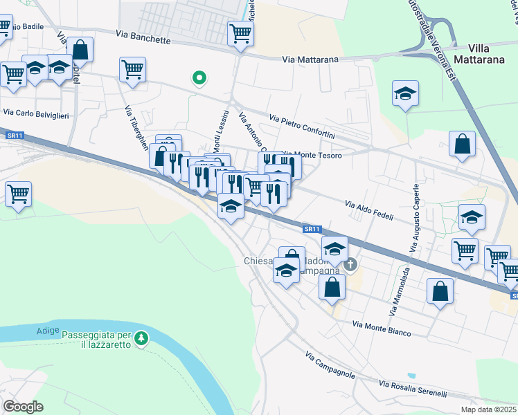 map of restaurants, bars, coffee shops, grocery stores, and more near 148A Via Unità D'Italia in Verona