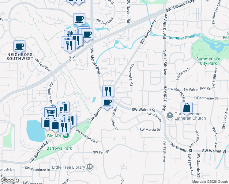 map of restaurants, bars, coffee shops, grocery stores, and more near 14198 Southwest Barrows Road in Tigard