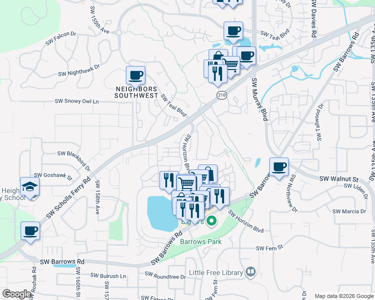 map of restaurants, bars, coffee shops, grocery stores, and more near 11963 Southwest Horizon Boulevard in Beaverton