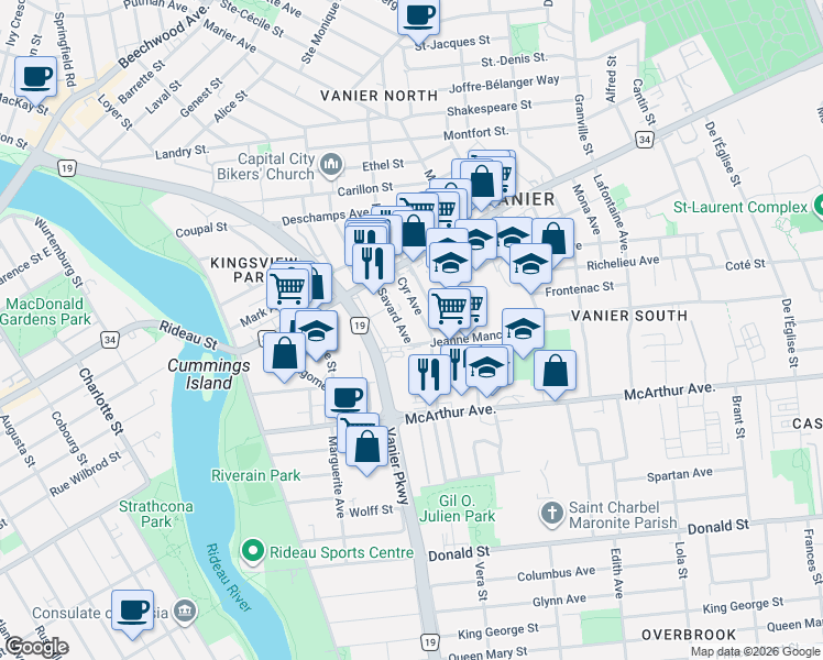 map of restaurants, bars, coffee shops, grocery stores, and more near 317 Savard Avenue in Ottawa