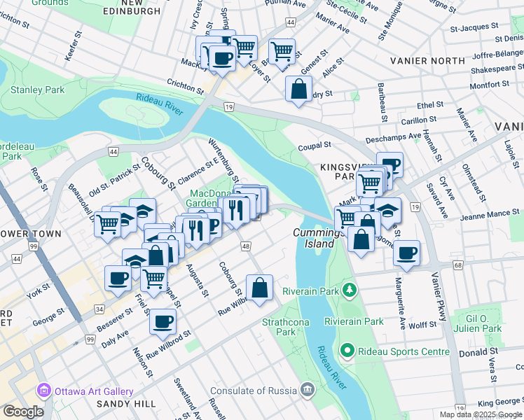 map of restaurants, bars, coffee shops, grocery stores, and more near in Ottawa