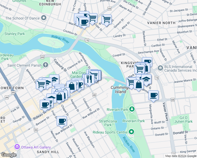 map of restaurants, bars, coffee shops, grocery stores, and more near in Ottawa
