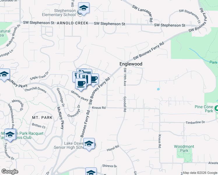 map of restaurants, bars, coffee shops, grocery stores, and more near 12720 Southwest 22nd Avenue in Lake Oswego