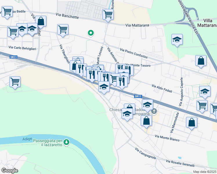 map of restaurants, bars, coffee shops, grocery stores, and more near 148A Via Unità d'Italia in Verona