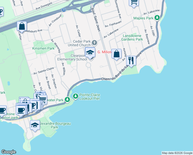map of restaurants, bars, coffee shops, grocery stores, and more near 208 Chemin du Bord-du-Lac-Lakeshore in Pointe-Claire