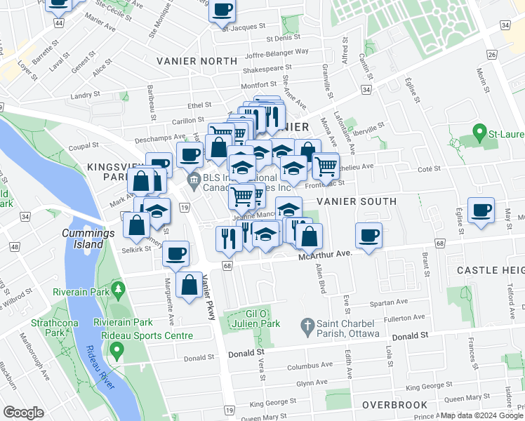 map of restaurants, bars, coffee shops, grocery stores, and more near 339 Olmstead Street in Ottawa