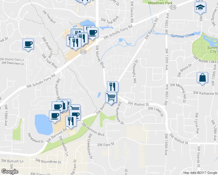map of restaurants, bars, coffee shops, grocery stores, and more near 14349 Southwest Barrows Road in Beaverton