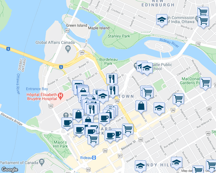 map of restaurants, bars, coffee shops, grocery stores, and more near 176 King Edward Avenue in Ottawa