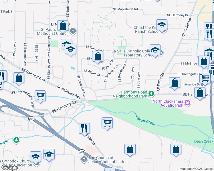 map of restaurants, bars, coffee shops, grocery stores, and more near 12406 Southeast Sequoia Avenue in Milwaukie