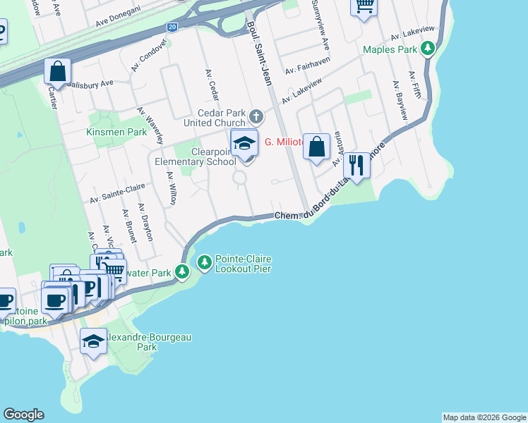 map of restaurants, bars, coffee shops, grocery stores, and more near 208 Chemin du Bord-du-Lac-Lakeshore in Pointe-Claire
