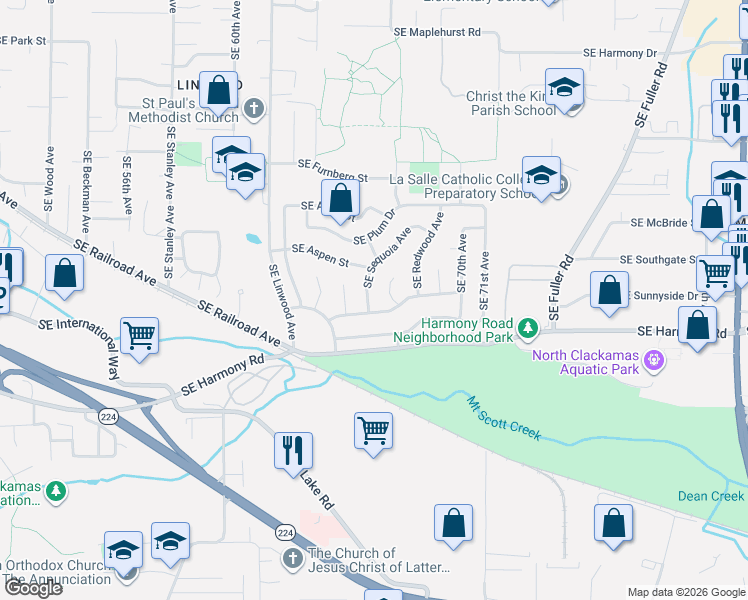 map of restaurants, bars, coffee shops, grocery stores, and more near 12406 Southeast Sequoia Avenue in Milwaukie