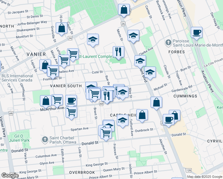map of restaurants, bars, coffee shops, grocery stores, and more near 783 de l'Église Street in Ottawa