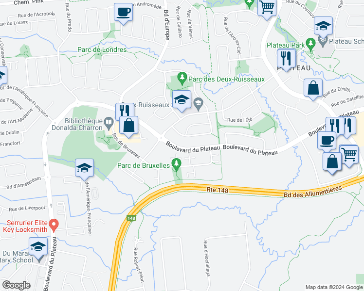 map of restaurants, bars, coffee shops, grocery stores, and more near 348 Boulevard du Plateau in Gatineau