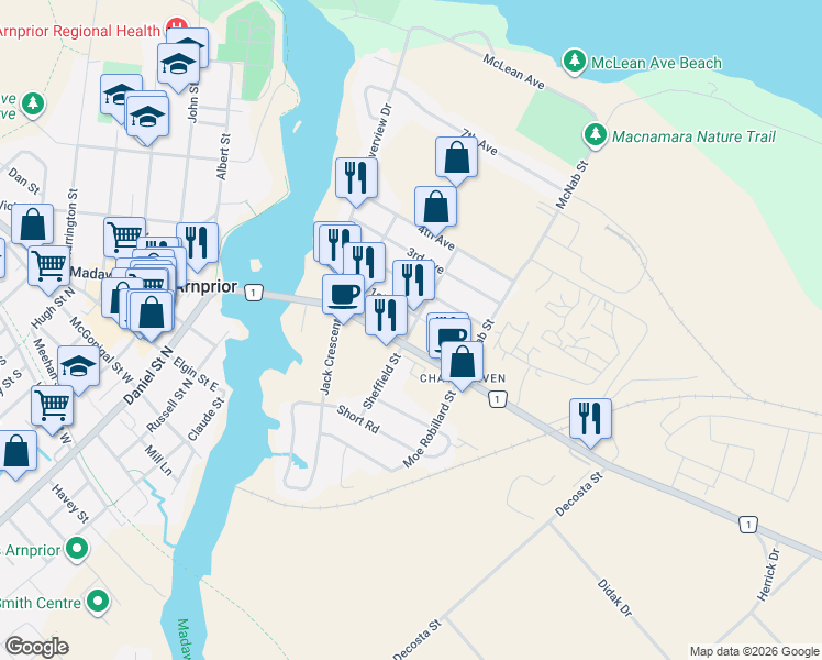 map of restaurants, bars, coffee shops, grocery stores, and more near 85 Laird Street in Arnprior