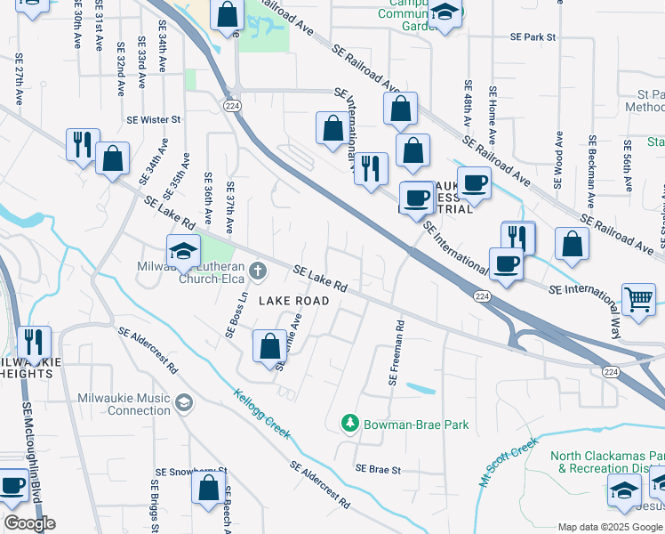 map of restaurants, bars, coffee shops, grocery stores, and more near 12448 Southeast 41st Court in Milwaukie