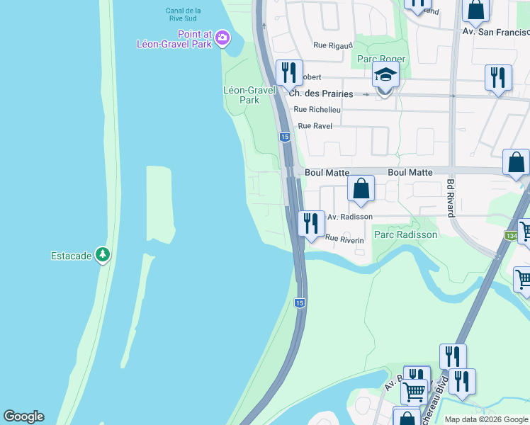map of restaurants, bars, coffee shops, grocery stores, and more near 8950 Rue des Roselières in Brossard
