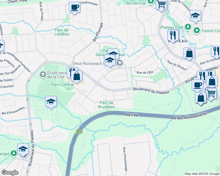 map of restaurants, bars, coffee shops, grocery stores, and more near 346 Boulevard du Plateau in Gatineau
