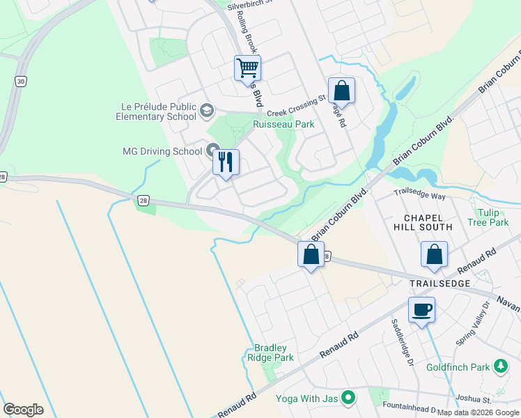 map of restaurants, bars, coffee shops, grocery stores, and more near 2165 Blue Willow Crescent in Ottawa