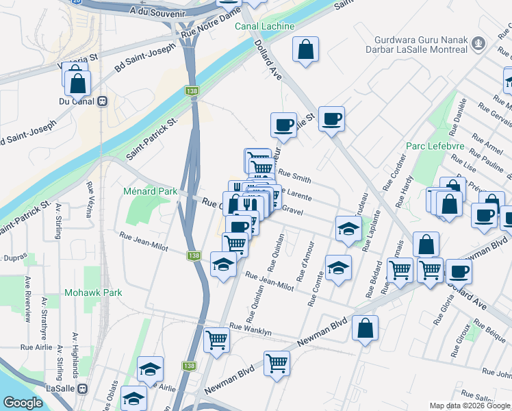 map of restaurants, bars, coffee shops, grocery stores, and more near 476 Avenue Lafleur in Montréal