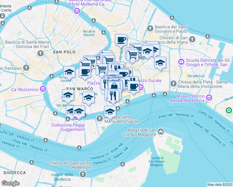 map of restaurants, bars, coffee shops, grocery stores, and more near Calle Larga Ascensione in Venice